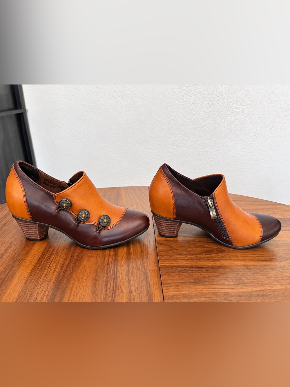 Spring Step L’Artiste Women’s 36 Leather Ankle Booties Brown Cognac Button Heels